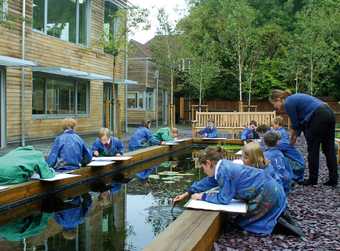 Pupils from St John's College School, Cambridge painting the water lilies in the Quiet Garden