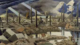 Painting of a war torn landscape (Paul Nash The Menin Road 1919)