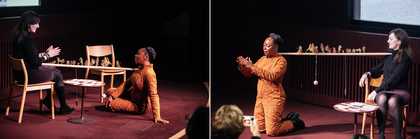 Two images of Otobong Nkanga and Anne Barlow in conversation. On the left, Nkanga sits on the floor facing Barlow, who sits on a chair opposite. On the right, Nkanga kneels with arms outstretched towards the audience, fingertips almost touching.