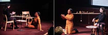 Two images of Otobong Nkanga and Anne Barlow in conversation. On the left, Nkanga sits on the floor facing Barlow, who sits on a chair opposite. On the right, Nkanga kneels with arms outstretched towards the audience, fingertips almost touching.
