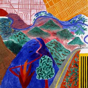 Brightly coloured painting of a road and hills by Hockney