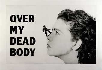 A poster image in black and white shows a womans profile with an army figure sat on her nose. The text says 'Over my dead body' in black capital letters