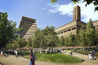 An artist's render of the new and old Tate Modern and gardens as seen from Park Street