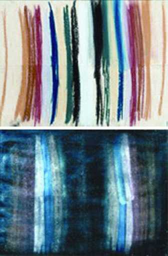 Pastel sample (above) and offset on glass after glass tape has been removed (below)