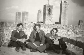 Patrick Heron Peter Lanyon and Giles Heron on a rooftop in San Gimignano 1953