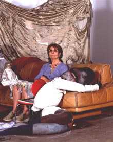 Paula Rego in her studio with The Pillowman triptych