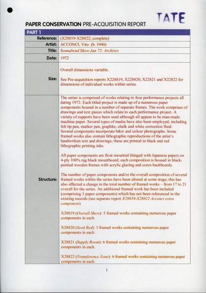 Pre-acquisition report for Vito Acconci’s Sonnabend Show Jan 72: Archives 1972