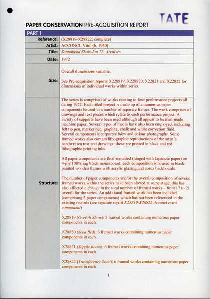 Pre-acquisition report for Vito Acconci’s Sonnabend Show Jan 72: Archives 1972