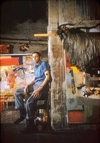 Robert Rauschenberg Pearl Street studio c1955 Rauschenberg in his Pearl Street studio with Satellite (1955) and the first state of Monogram (1955–59; first state 1955–56), New York, c.1955 The Robert Rauschenberg Foundation (New York, USA)
