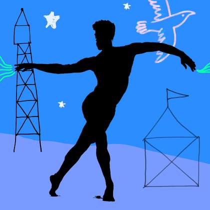 a black silhouette of a dancer stands in the middle of the image, with drawings either side