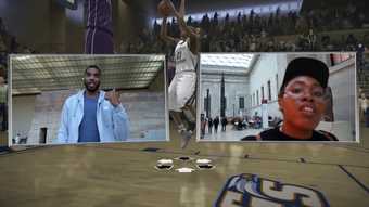 Two video frames of individuals appearing to be chatting are layered on top of an image of a basketball game.