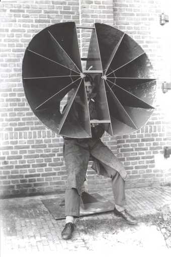 'Personal sound locator', a device for artillery or anti-aircraft sound ranging, being tested at the Dutch military research station at Waalsdorp, the Netherlands, c.1930s