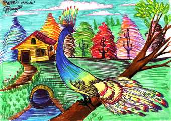 bright drawings of a peacock on a tree branch with trees and a house in the background