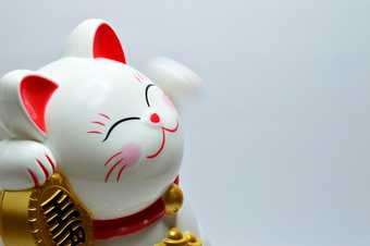 A white lucky chinese cat doll waves