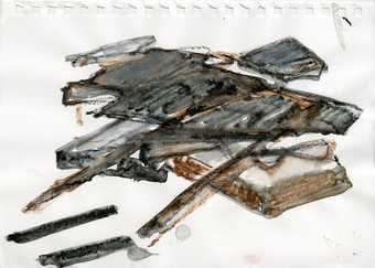A watercolour by Phyllida Barlow in shades of grey and brown, part of her preparation work for a commission at Tate Britain