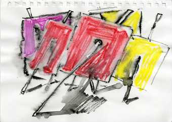 A drawing by Phyllida Barlow; part of her preparation work for a commission at Tate Britain in 2014
