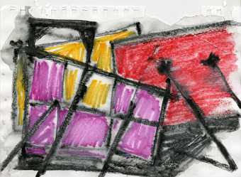 Drawing in yellow, red, purple and black