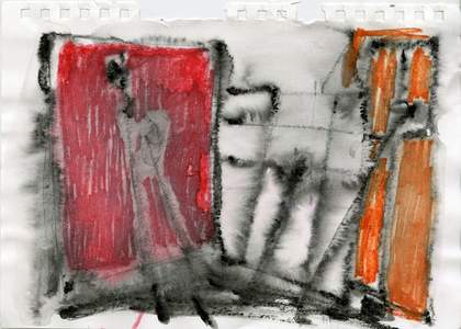 Drawing in red, orange and black pen