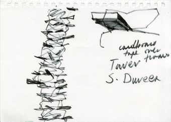 A drawing by Phyllida Barlow in black of the tower installation in the Duveens gallery at Tate Britain