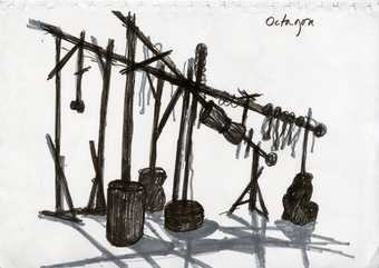 A drawing by Phyllida Barlow of a construction in the Octagaon at Tate Britain