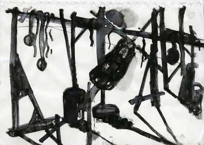A drawing by Phyllida Barlow of a construction in the Octagaon at Tate Britain