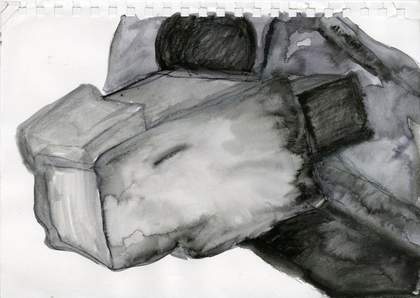 A watercolour by Phyllida Barlow in shade of grey, part of her preparation work for a commission at Tate Britain