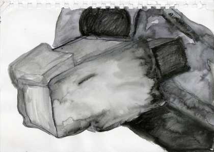 A watercolour by Phyllida Barlow in shade of grey, part of her preparation work for a commission at Tate Britain