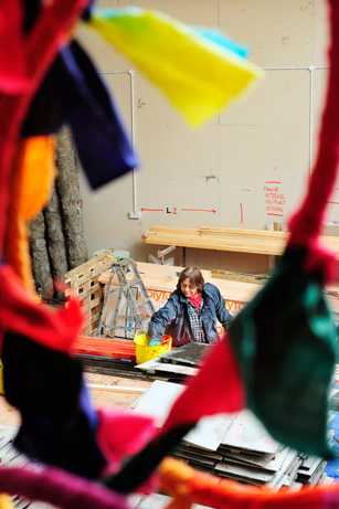 Phyllida Barlow in her studio in the middle of her work