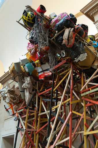 A component of Phyllida Barlow's installation at Tate Britain - a tall construction of wood and found materials