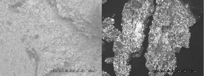 The pigment particle size is much larger in a sample taken from Wings over Water (left) than from Julian Travelyan’s Basewall, 1933 (right)
