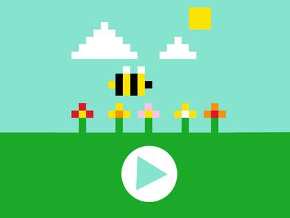 a bee drawn using a pixellated brush flies above green grass and colourful flowers, also drawn using pixels