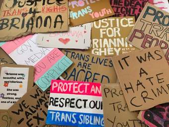 Photograph of placards from a protest about Trans rights