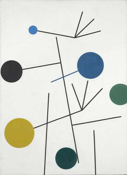 A white background with black lines, from which coloured circles hang 
