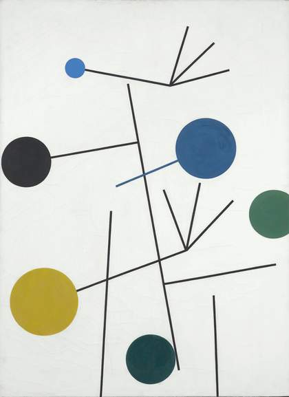 A white background with black lines, from which coloured circles hang