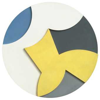 A round painting with relief in yellow, grey, black, white and blue 