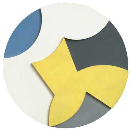 A round painting with relief in yellow, grey, black, white and blue 
