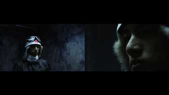 split screen film still of a portrait of a person wearing a hood and goggles