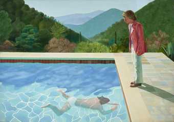A man watches another man swimming in a swimming pool with a hilly wooded scene in the background.