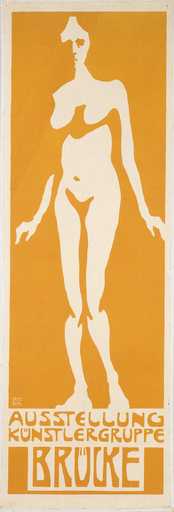 Poster for the first Brucke exhibition designed by Fritz Bleyl 1906 orange and white image of a nude woman