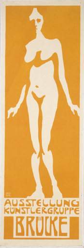 Poster for the first Brucke exhibition designed by Fritz Bleyl 1906 orange and white image of a nude woman  