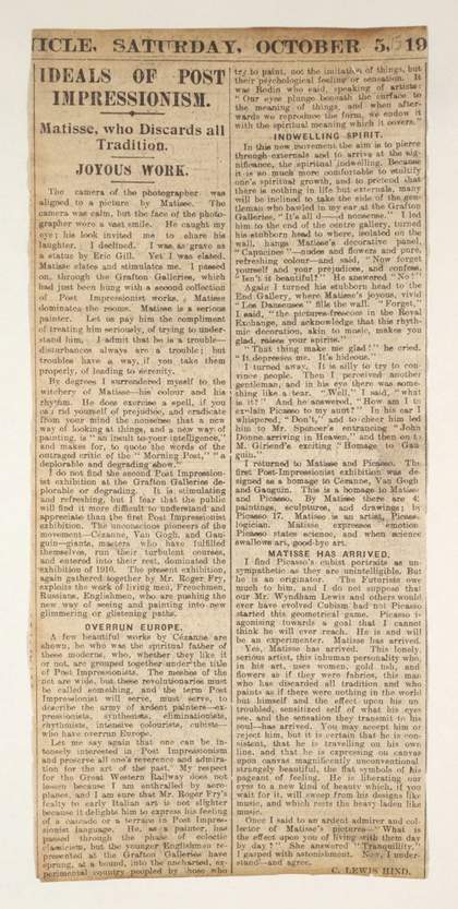 Press cutting from the Daily Mail about the Second Post Impressionist Exhibition curated by Roger Fry