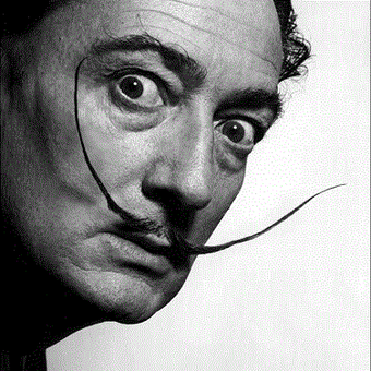 Black and white photograph of the artist Salvador Dali