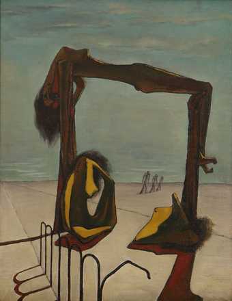 A painting of a female figure balancing on top of two wooden poles, one under the shoulders, one under the knee caps creating an archway. there are three tiny figures walking underneath disappearing into the distance