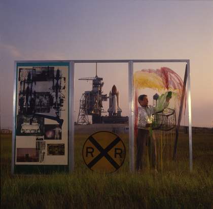 Rauschenberg working on his portrayal of the Discovery space shuttle, near the Cape Canaveral launchpad, Florida, August 1984, photographed by Theo Westenberger