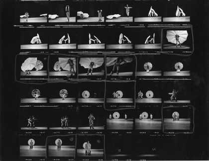 Rauschenberg performing 'Pelican' 1963 with Carolyn Brown and Alex Hay. Contact sheet #22 of Elisabeth Novick's photographs from the 'First New York Theater Rally', Broadway and 81st Street, May 1965