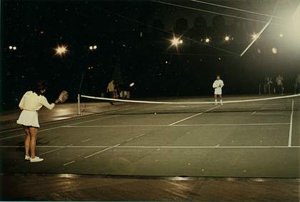 Mimi Kanarek and Frank Stella performing Rauschenberg's 'Open Score' as part of EAT's '9 Evenings: Theater and Engineering' at the 69th Regiment Armory, New York, 13–23 October 1966