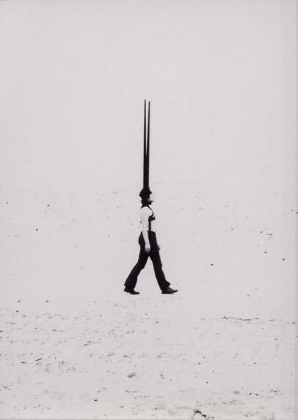 Rebecca Horn, Performance still with Moveable Shoulder Extensions 1972