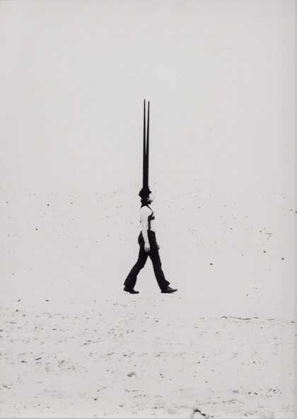 Rebecca Horn, Performance still with Moveable Shoulder Extensions 1972