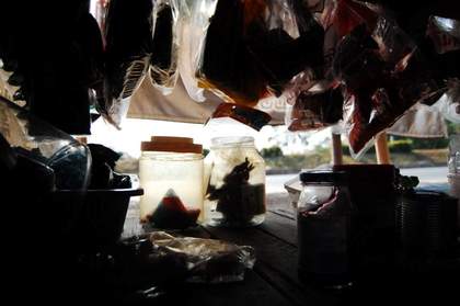 silhouette of bags and jars of spices in a shelf