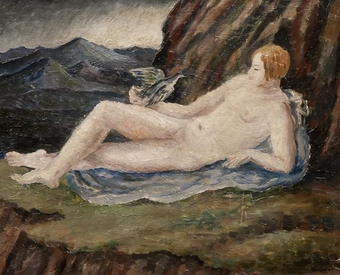 Dora Carrington Reclinging nude with dove in a mountainous landscape (Portrait of Henrietta Bingham)